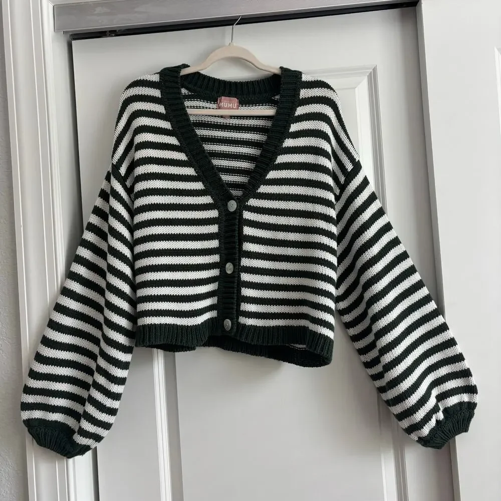 Show‎ Me Your Mumu Good Karma Cardigan Forest Green Striped Balloon Sleeves Sz L